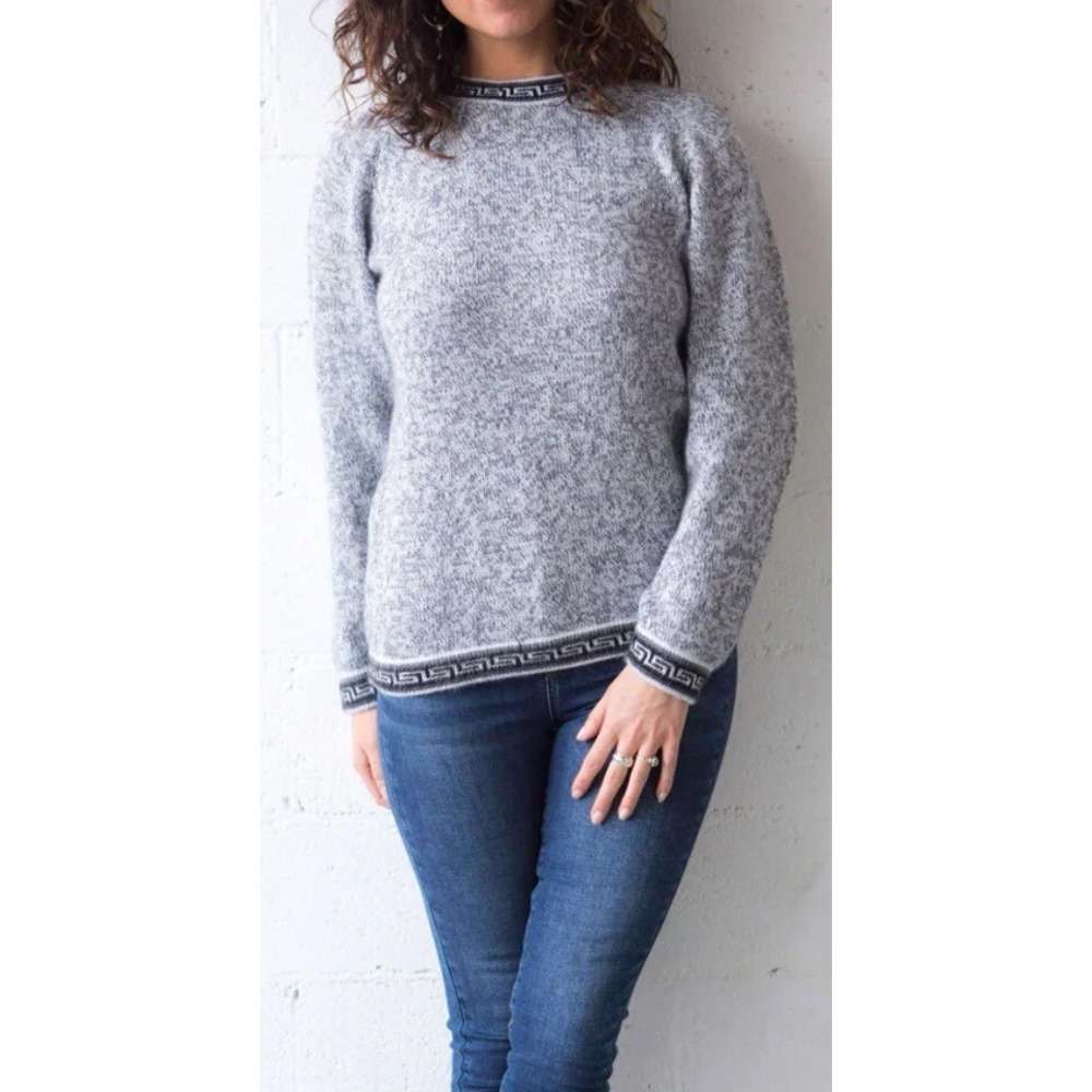 Alpaca Blend Marl Pale Grey Sweater  Greek Classic Jumper with Inca Borders Sz M